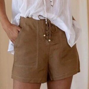 KIVARI Rae Khaki 100% Linen  high waisted Shorts in Size  Large